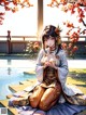 A woman in a kimono sitting on a wooden dock.