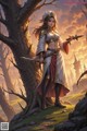 A woman standing in front of a tree holding a sword.