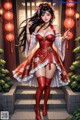 A woman in a red and white dress holding a red lantern.