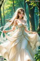 A woman in a wedding dress is walking through the woods.